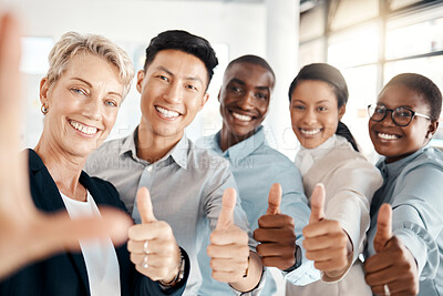 Buy stock photo Thumbs up, thank you and happy business team with positive energy for motivation, professional success and corporate teamwork inspiration. Workers solidarity, collaboration and staff smile happiness 