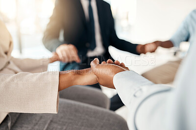 Buy stock photo Success, prayer and business team holding hands in office meeting together for hope, trust and support. Teamwork, faith and motivation in meditation for work mindset, balance and stress management.