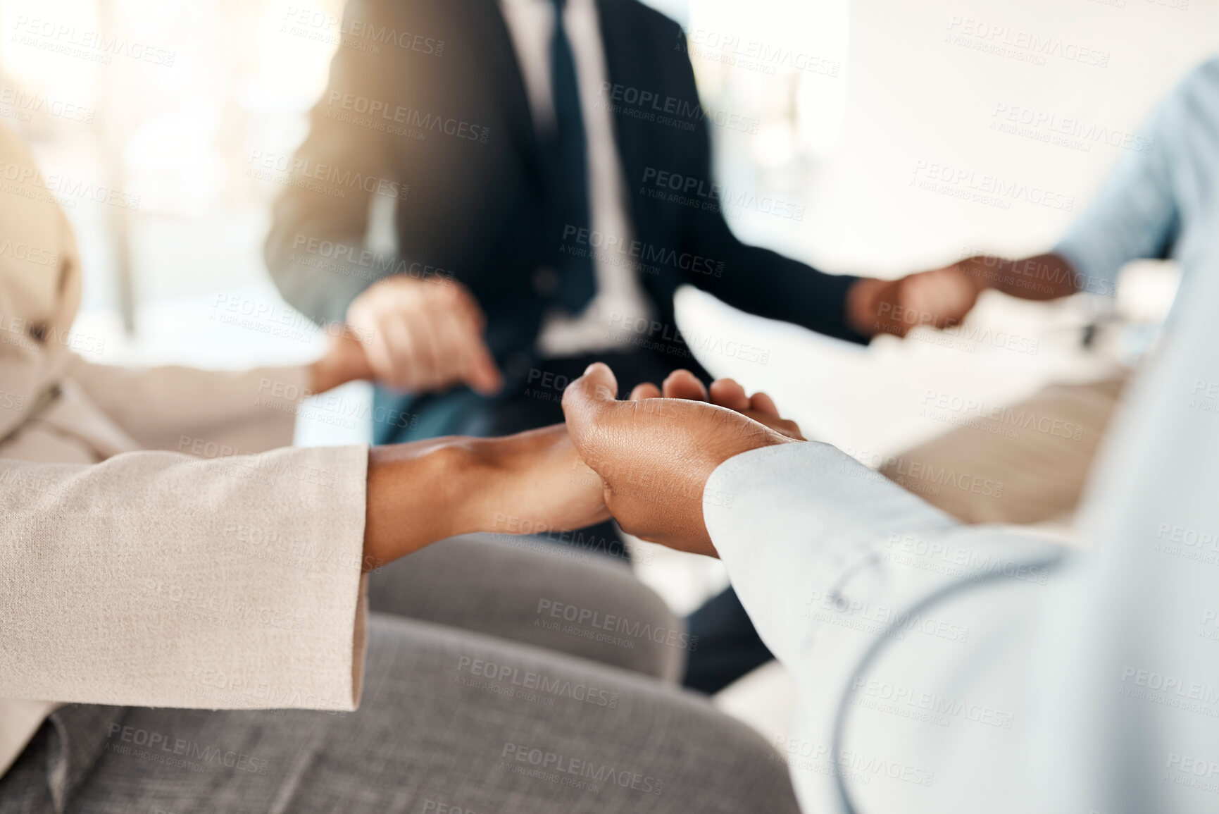 Buy stock photo Success, prayer and business team holding hands in office meeting together for hope, trust and support. Teamwork, faith and motivation in meditation for work mindset, balance and stress management.