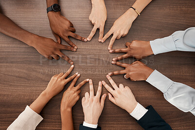 Buy stock photo Team, hands or peace star sign with diversity teamwork, collaboration or team building on desk in office. Business people, support or business meeting for success partnership, community goal or trust