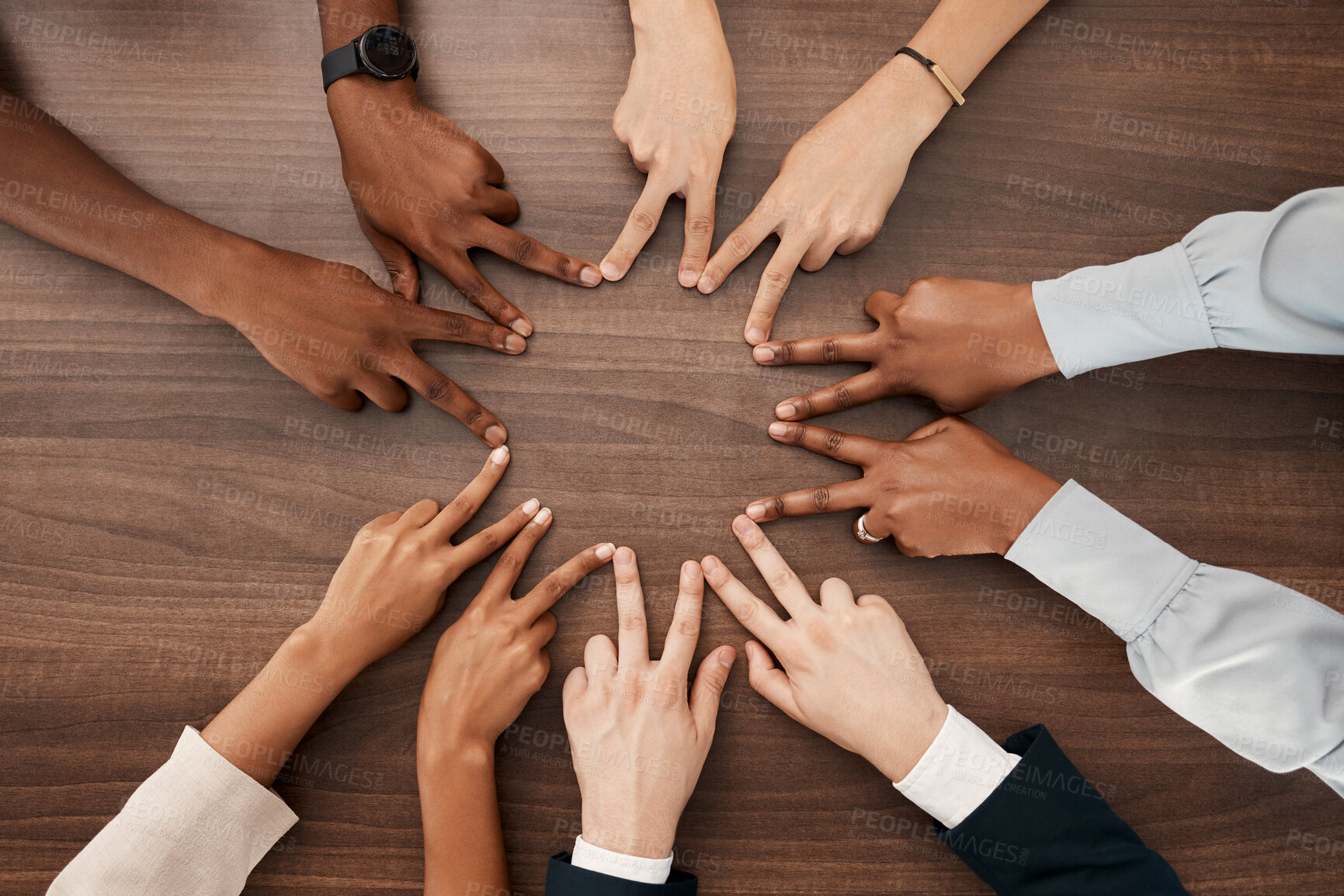 Buy stock photo Team, hands or peace star sign with diversity teamwork, collaboration or team building on desk in office. Business people, support or business meeting for success partnership, community goal or trust