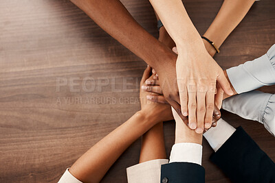 Buy stock photo Stack, hands and business people at team building in office for motivation, empowerment and goal. Diversity, teamwork and group of employees in collaboration with support and celebration in workplace