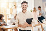 Happy, man and portrait in office with documents ready for financial work strategy presentation. Smile, excited and optimistic finance worker holding professional report and notes in workplace.


