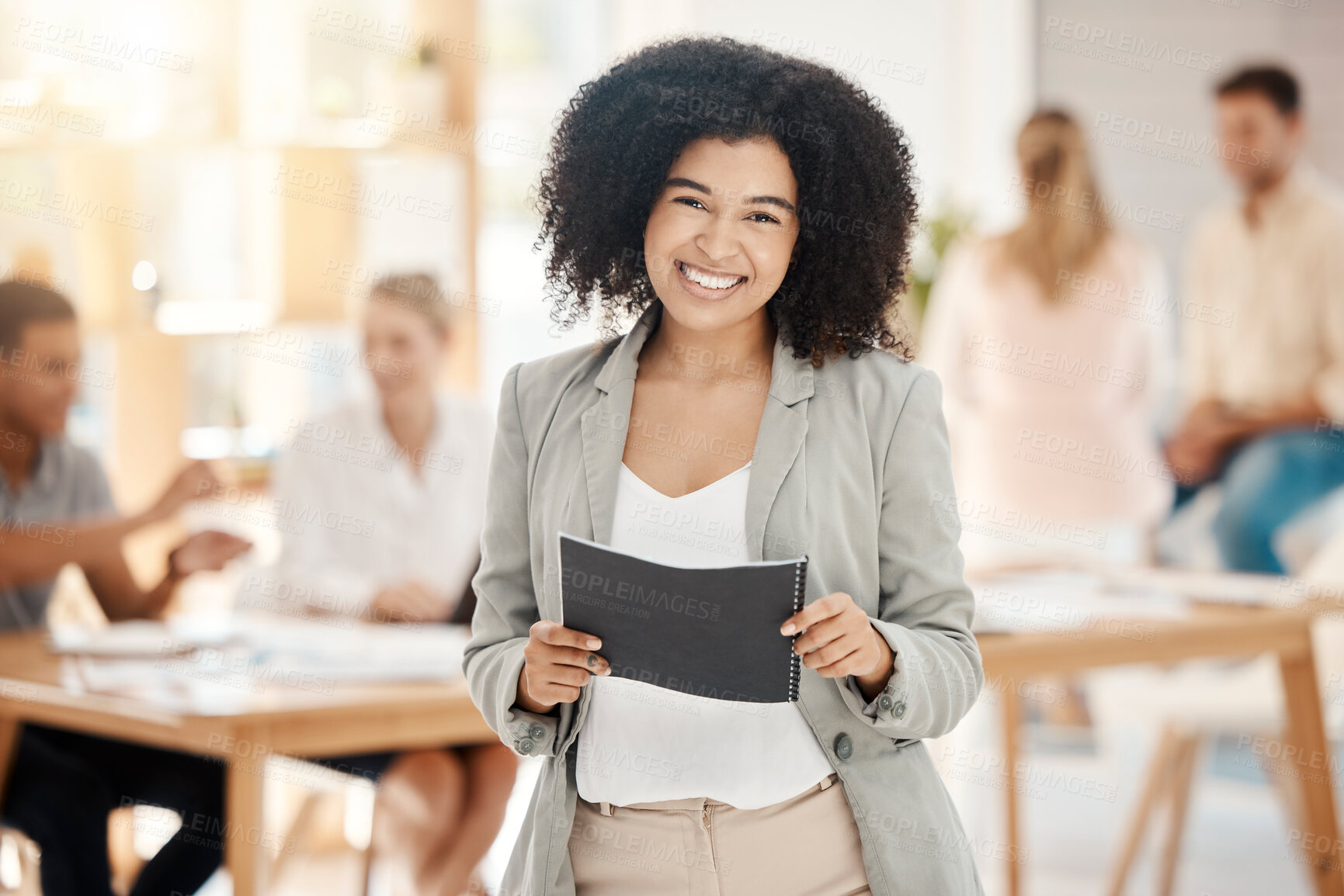 Buy stock photo Portrait of a happy black woman smile in a team planning meeting at work. Business woman in an office with staff as they discuss innovative plans, collaboration and strategy in a corporate office