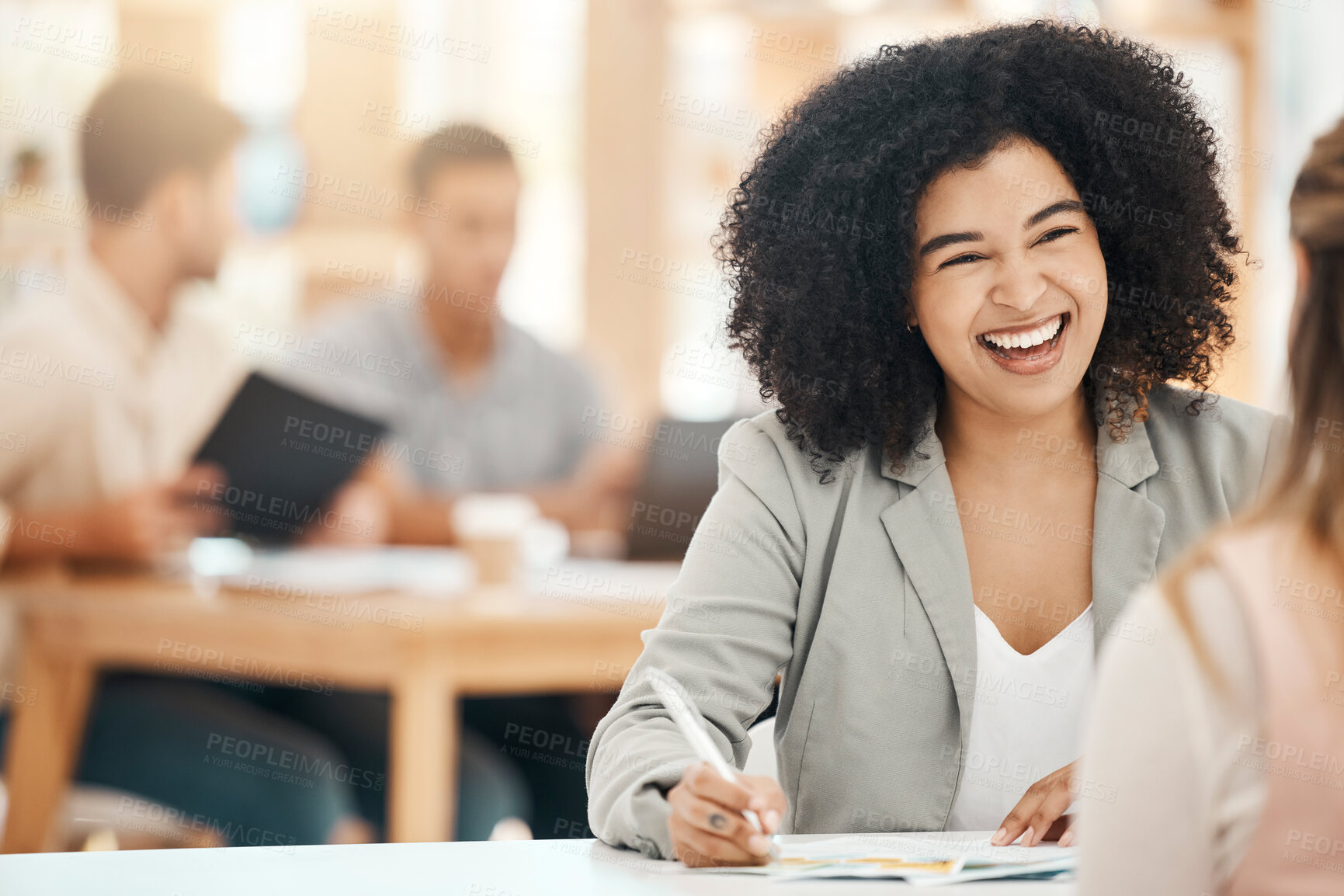 Buy stock photo Happy black woman writing notes in office meeting, planning and strategy development with business motivation, happiness and mission for goals. Smile young business professional conversation at desk 