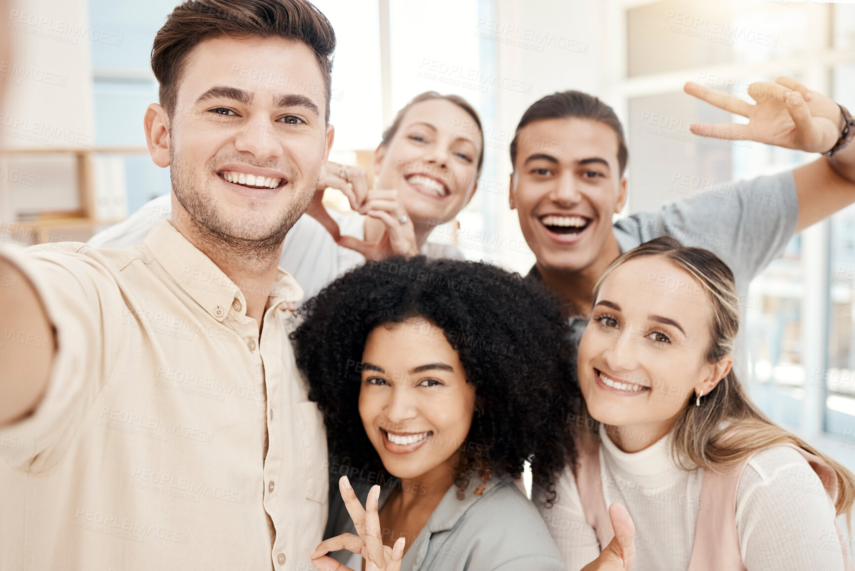 Buy stock photo Happy, motivation and selfie with company team together for work seminar or team building workshop. Portrait of business people with smile, diversity and relationship for healthy workforce culture
