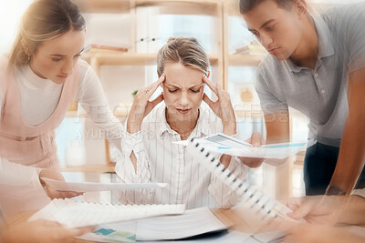 Buy stock photo Stress, headache or manager with businesspeople pressure, paper data analysis or documents research review in marketing office. Dizzy, anxiety or burnout woman overwhelmed with intern kpi management