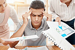 Stress, headache and overwhelmed worker with burnout handed office paperwork by manager and employees. Mental health, anxiety and tired worker with a sad face stressed or frustrated with deadline