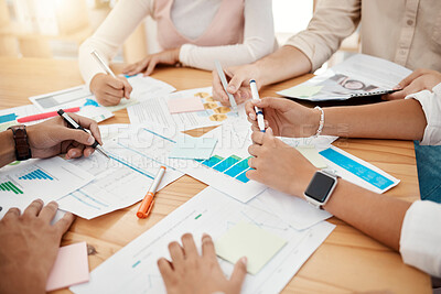 Buy stock photo Finance, paper and hands of business people in a meeting for planning, strategy and analysis of data as a team. Charts, analytics and workers in partnership with paper for company growth at a table