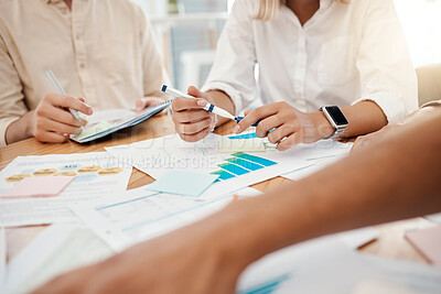 Buy stock photo Business people, data analysis research and infographic documents, marketing agency ideas and creative collaboration in office. Teamwork hands, planning and writing on paper, strategy and training 