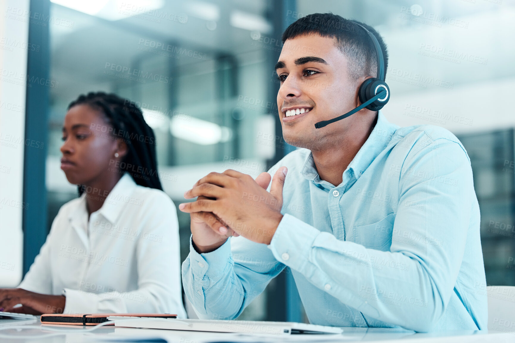 Buy stock photo Call center, customer service and support with a man consultant using a headset in his office at work. Communication, crm and contact us with a male consulting while working in telemarketing