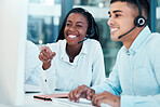 Call center, happy manager and crm employee training on computer for company advice, goal or target communication. Teamwork, leadership and help coaching man for telemarketing customer service agent