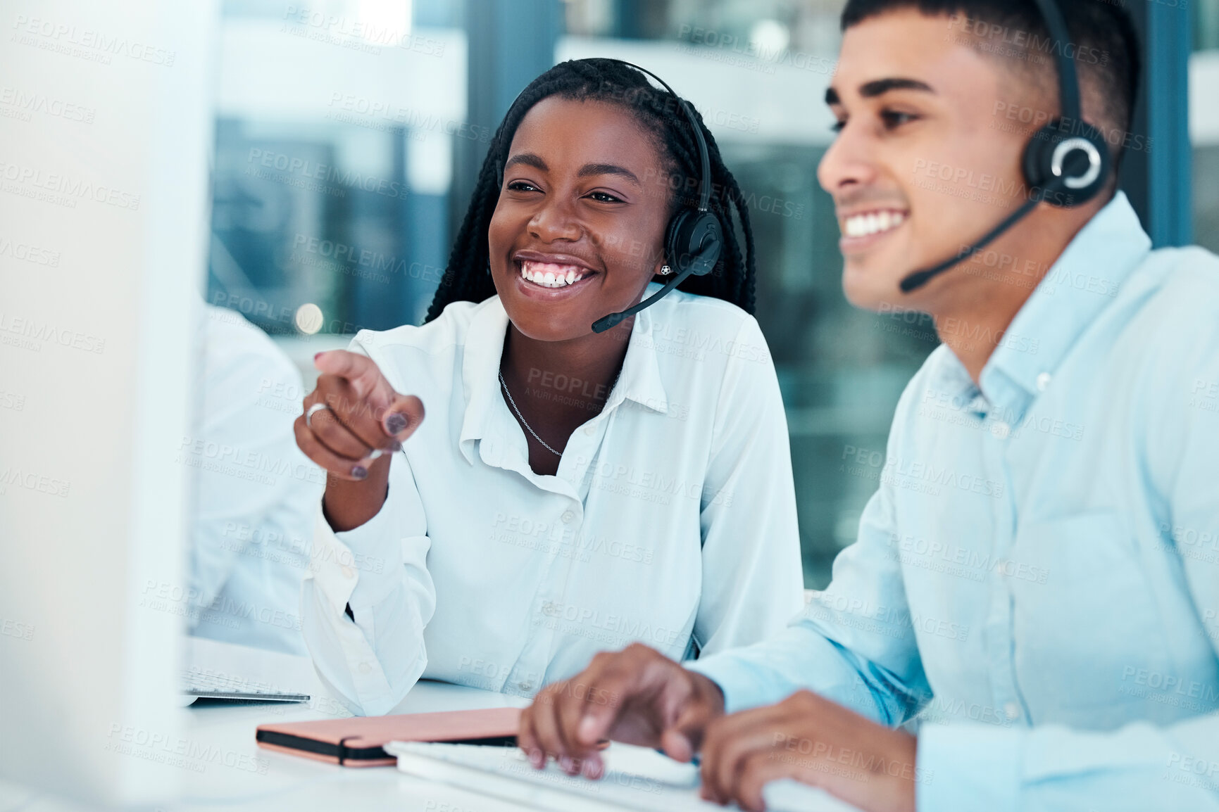Buy stock photo Call center, happy manager and crm employee training on computer for company advice, goal or target communication. Teamwork, leadership and help coaching man for telemarketing customer service agent