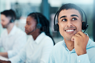Buy stock photo Happy, call center and man on break thinking of crm solution or contact us strategy with excited look in office. Indian telemarketing person in professional workspace thoughtful with idea.

