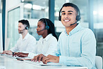 Call center, computer and typing on keyboard for contact us, CRM and customer service website in a diversity office with telemarketing team. Portrait of consultant man working in sales and support