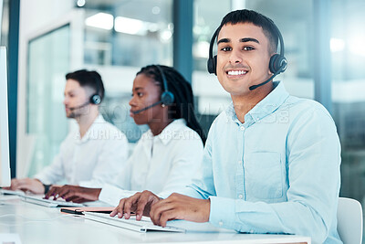 Buy stock photo Call center, computer and typing email for contact us, CRM and customer service website in a diversity office with telemarketing team. Portrait of consultant man working in sales and support