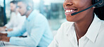 Call center, telemarketing and closeup of a woman mouth with a headset doing an online consultation. Customer support, contact us and consultant with a crm strategy in customer service in the office.