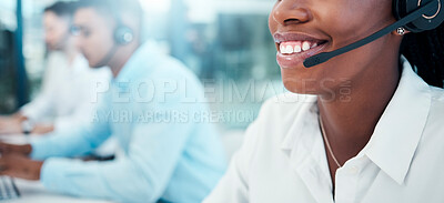 Buy stock photo Call center, telemarketing and closeup of a woman mouth with a headset doing an online consultation. Customer support, contact us and consultant with a crm strategy in customer service in the office.