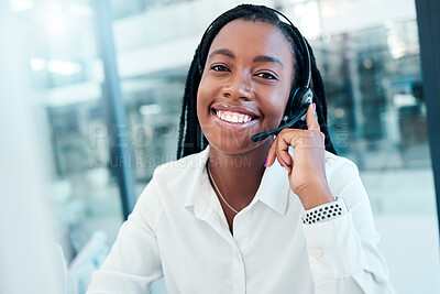 Buy stock photo Telemarketing, call center and office portrait of black woman working online with optimistic smile. Support, customer service and sales communication professional ready to work in workplace.

