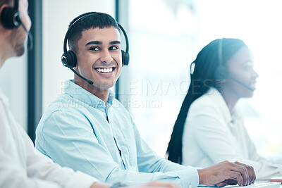 Buy stock photo Business men, black woman and call center teamwork in customer support, contact us or crm consulting diversity office. Smile, motivation or happy telemarketing receptionist in b2b sales collaboration