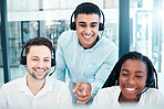 Call center, training and happy employees working at a crm telemarketing company together. Corporate, support and customer service team talking about consulting, communication and contact at work