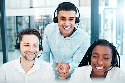 Buy stock photo Call center, training and happy employees working at a crm telemarketing company together. Corporate, support and customer service team talking about consulting, communication and contact at work