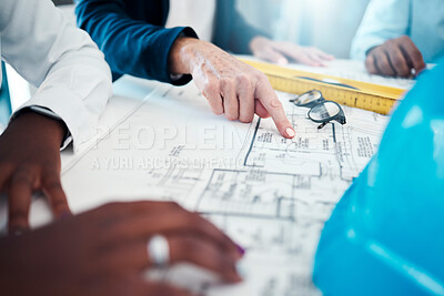 Buy stock photo Architecture, blueprint and engineer team planning building project in design studio. Construction, planning and business group planning on drawing or graphic. Contractor team plan home renovation 