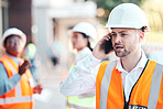 Engineer, smartphone and man with hard hat, talking and confirm building construction schedule and with vest. 
Male leader, architect or phone call conversation, discussion or planning collaboration
