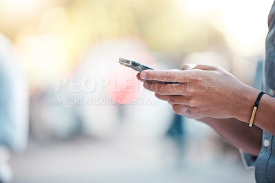 Buy stock photo Communication, typing and hands text on phone in city, outdoors and in street. Social media, internet and person using smartphone for texting, chatting and browsing online media content in urban town