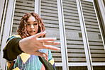 Black woman, hand or fashion clothes in city center, town or urban location in New York city cool, trendy or style clothing. Portrait, model or student by buildings in funky, hipster or retro shirt