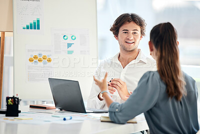 Buy stock photo Businessman, woman or laptop in paper data analysis, kpi research planning or target audience strategy in digital marketing. Talking creative designers, people or teamwork collaboration on technology