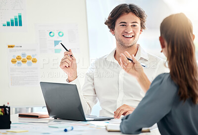 Buy stock photo Meeting, laptop and team planning a project with a presentation board in a modern office. Teamwork, collaboration and business people working on a marketing or corporate strategy in the workplace.