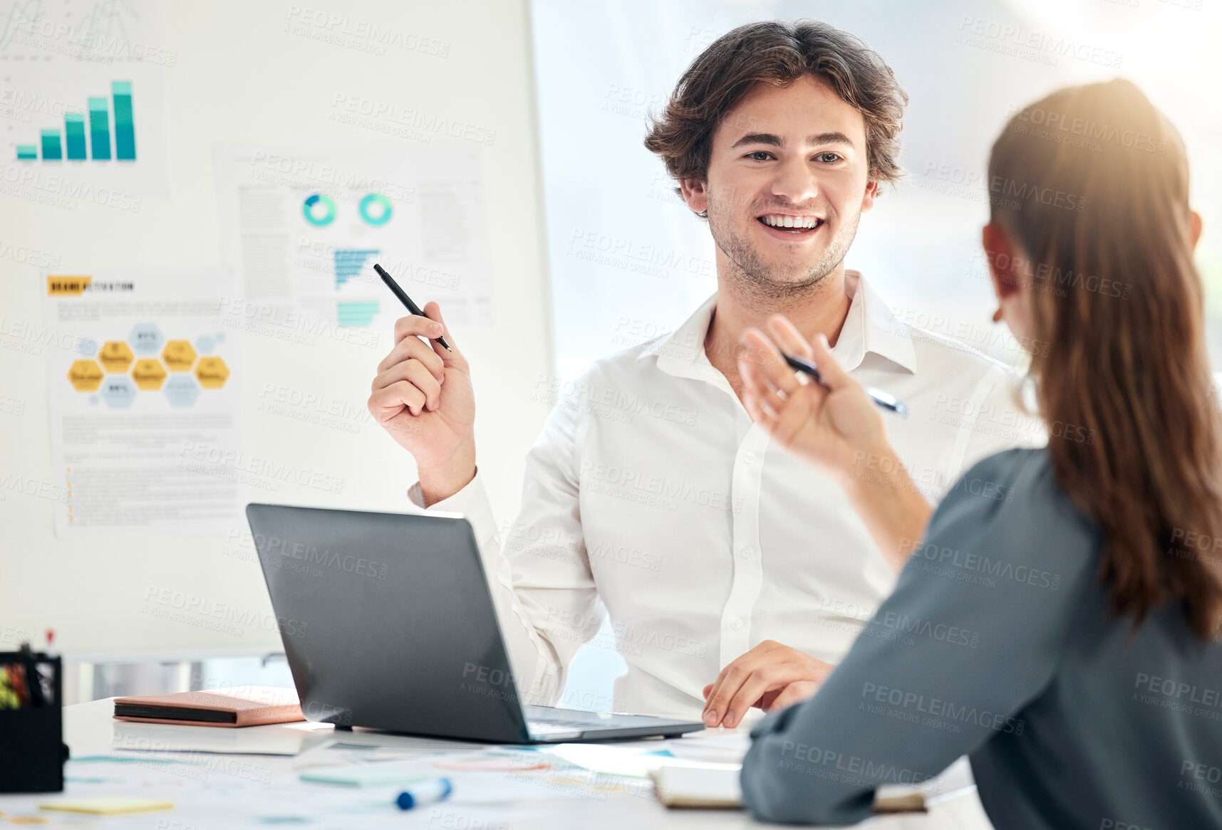 Buy stock photo Meeting, laptop and team planning a project with a presentation board in a modern office. Teamwork, collaboration and business people working on a marketing or corporate strategy in the workplace.