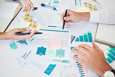 Buy stock photo Hands, analytics and planning for business graphs, strategy  or statistics in team marketing at the office. Hand of people analyzing data, charts and paperwork with company documents at the workplace