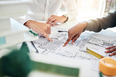Buy stock photo Blueprint, design and hands of architects planning construction, strategy and idea for architecture property. Illustration, meeting and industrial employees talking about maintenance on paper