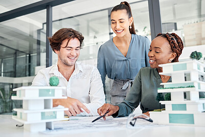 Buy stock photo Architecture, building design and team in meeting for planning, brainstorming and working. Teamwork, collaboration and business people work on engineering design model, ideas and project in office
