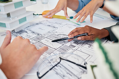 Buy stock photo Architect, hands and blueprint for building collaboration, planning new project and discussion. Engineer, teamwork and talking for construction, architecture design or brainstorming creative strategy