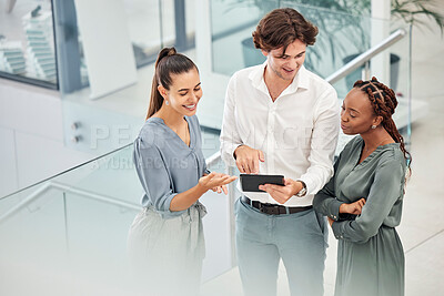 Buy stock photo Marketing collaboration, tablet teamwork and office employees look at idea for digital advertising campaign presentation. Group feedback, workers consult mentor and talk together on workplace stairs 
