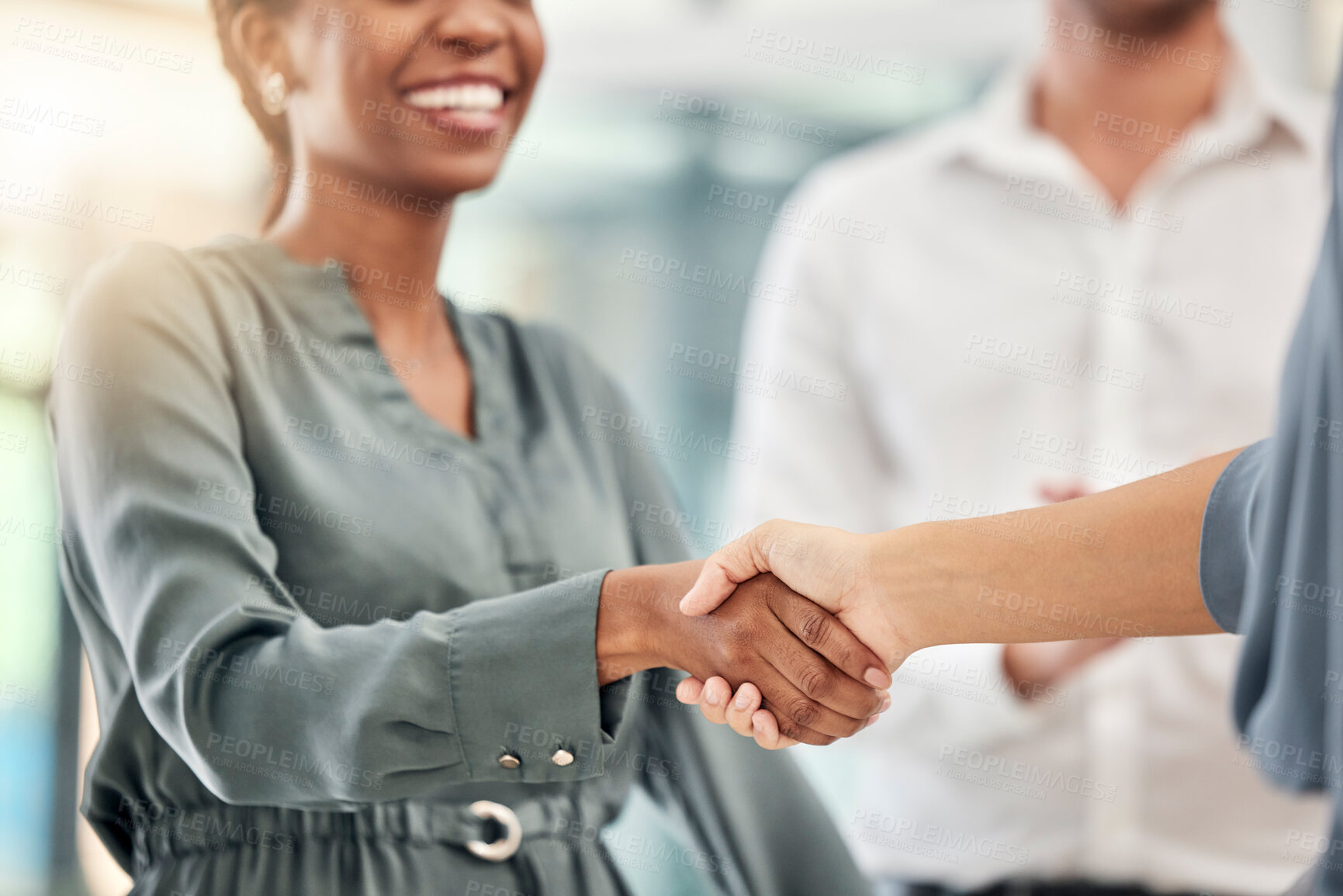 Buy stock photo Handshake, welcome and meeting with a black woman in business shaking hands with a colleague. Teamwork, thank you and b2b with a female employee and coworker reaching a partnership agreement