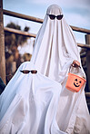 Halloween, friends and ghost costume for fun, festival and celebration while bonding at park, happy and cool. Spooky, dress up and event with people in horror, fantasy and glasses while celebrating