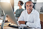 Portrait, black man and call center for customer support, computer and headset for consulting, talking and in office. Telemarketing, consultant and digital device for client service, support and help