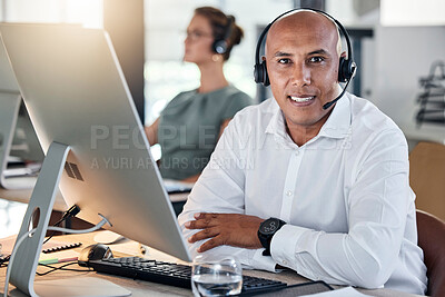 Buy stock photo Portrait, black man and call center for customer support, computer and headset for consulting, talking and in office. Telemarketing, consultant and digital device for client service, support and help
