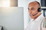 Contact us, customer support and call center man consulting. advice and help with computer and headset. Telemarketing, customer service and online crm worker in conversation, help and talking with pc