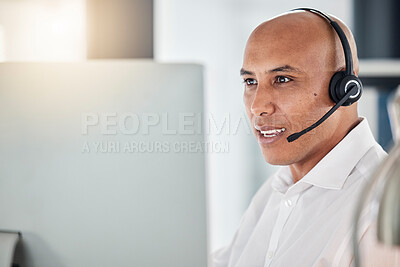 Buy stock photo Contact us, customer support and call center man consulting. advice and help with computer and headset. Telemarketing, customer service and online crm worker in conversation, help and talking with pc