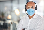 Covid mask, customer service and web help employee ready for a telemarketing consultation. Portrait of a internet call center employee with headset working and doing digital tech crm consulting