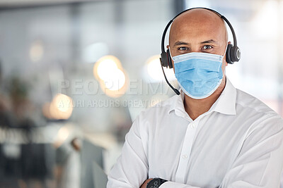 Buy stock photo Covid mask, customer service and web help employee ready for a telemarketing consultation. Portrait of a internet call center employee with headset working and doing digital tech crm consulting