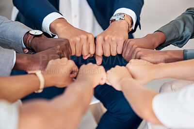 Buy stock photo Hand, Fist or diversity business men and women teamwork together in mission, trust or goal in top view. Hands of business people support, team building or strategy meeting in corporate global success