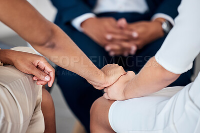 Buy stock photo Women holding hands, counseling couple support in psychologist office or human resources empathy with staff. Professional care in client grief, people pray together in consultation or mental health
