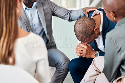 Buy stock photo Group therapy, support and counseling with a business man and team in a meeting for emotions or healing. Mental health, psychology and rehabilitation with a male employee in a session for growth