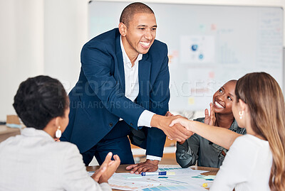 Buy stock photo Team, business people with support, handshake for congratulations, meeting and collaboration with diversity and solidarity. Businessman, women and partnership, celebrate and teamwork in office.
